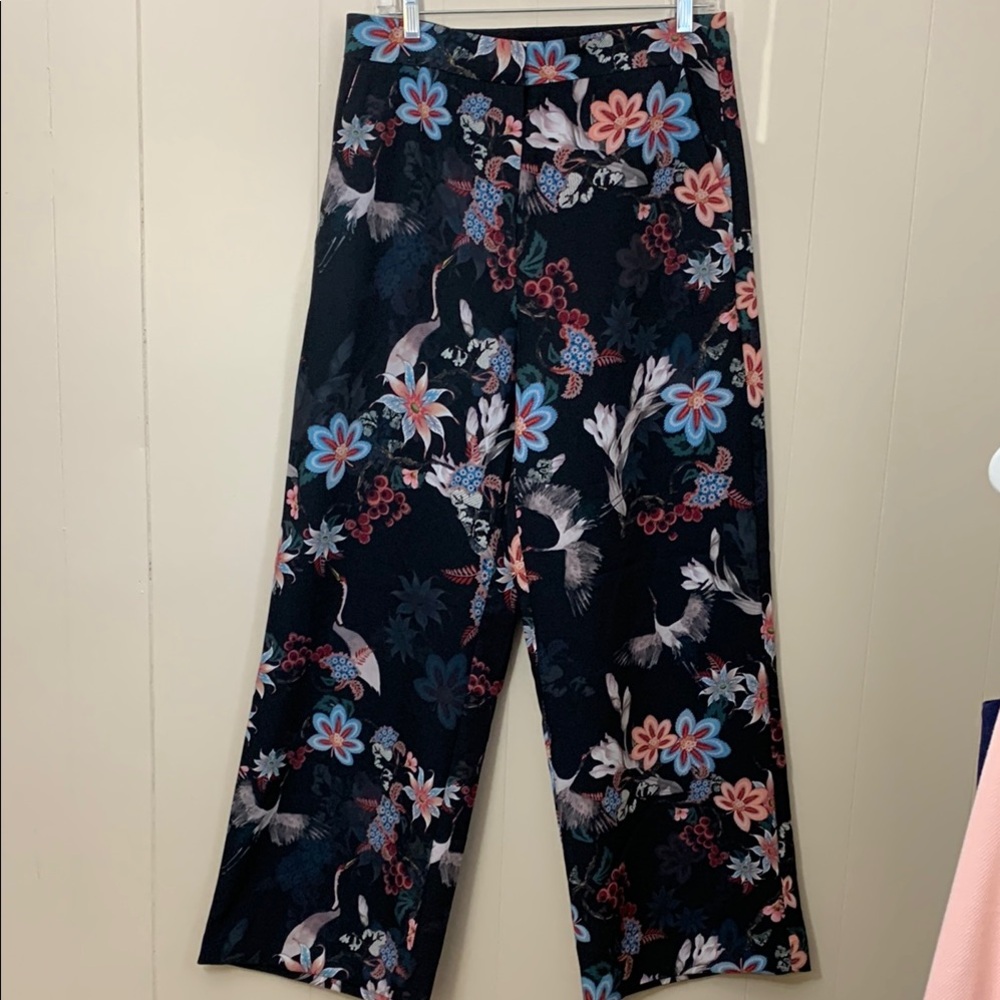 H&M Formal Feel Floral Crane Print Pants Sz12 New WTag!! Black Blue Pink Gray